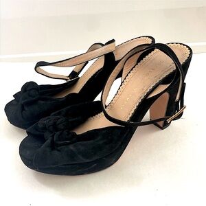 Charlotte Olympia Black Peep Toe Sandal Heels with Bows | Suede EU39 | US 8